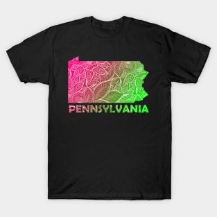 Colorful mandala art map of Pennsylvania with text in pink and green T-Shirt